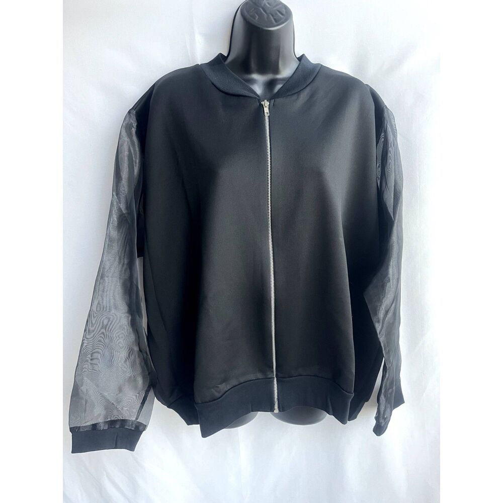 Boohoo NWT Black Full Zip Organza Mesh Sleeve Bomber Black Plus Size 20 Basics - Picture 1 of 12